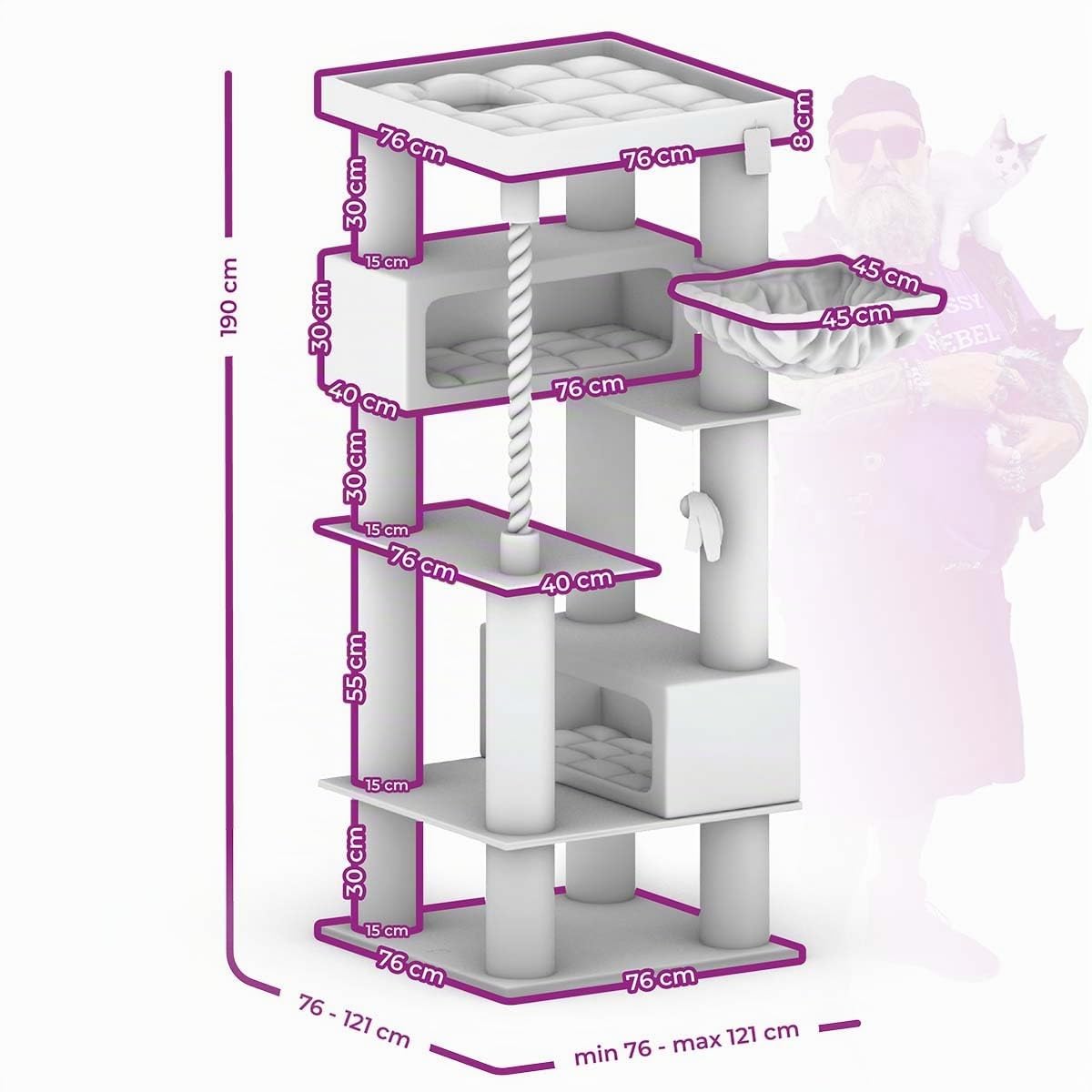 Petrebels Arbre à Chat Geant XXL Turnpike 190 Beige/Crème, 76 x 76 x 190 cm, avec poteaux de 15 cm de diamètre, Arbre à Chat pour Grands Chats