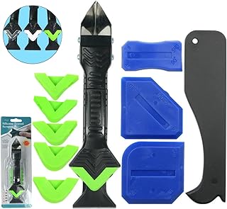 3 in 1 Silicone Caulking Tools Kit, 11pcs Silicone Scraper Sealant Caulk Grout Remover Scraper Silicone Finishing Tools Silicone Nozzle Applicator for Kitchen Bathroom Window Sink Joint Floor, Glass Glue Angle Scraper Reuse and Replace 6 Silicone Pads, Green