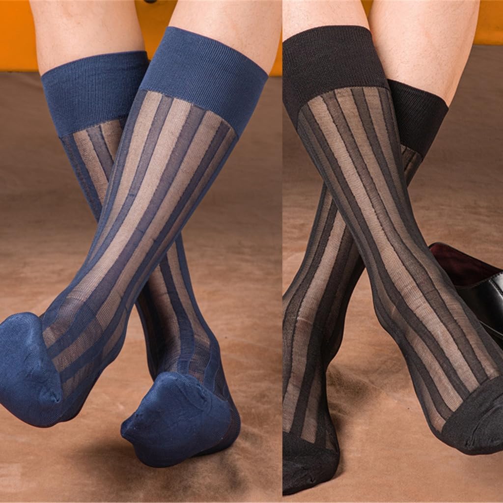 Mens Casual Business Dress Socks Middle Calf Wide Stripe Sheer Nylon Stockings Formal Suit See Through Silk