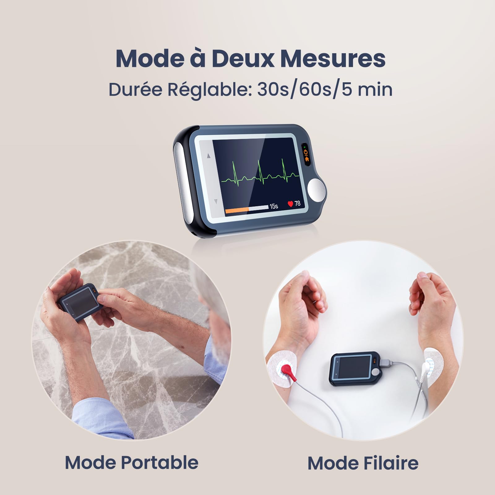 CheckMe Plus Appareil ECG Portable pour Usage Domestique, Fonction d'Analyse ECG, 30s 60s 5min Moniteur ECG Bluetooth avec Affichage en Temps Réel, Mémoire Illimitée (Smartphone et PC)