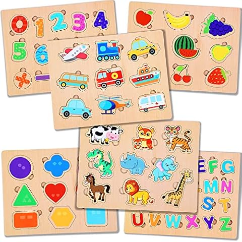 lenbest 6PCS Montessori Wooden Jigsaw Puzzles - Wooden Learning Puzzles - Educational Traffic Animals Fruits Letters Shapes & Numbers Puzzle - Educational Learning Toys Gifts for 3+ Kids Imagination Cover