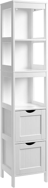 VASAGLE Bathroom Tall Cabinet, Floor Storage Cupboard, with 2 Drawers and 3 Open Shelves, 30 x 30 x 141.5 cm, for Bathroom, Living Room, Kitchen, White BBC66WT