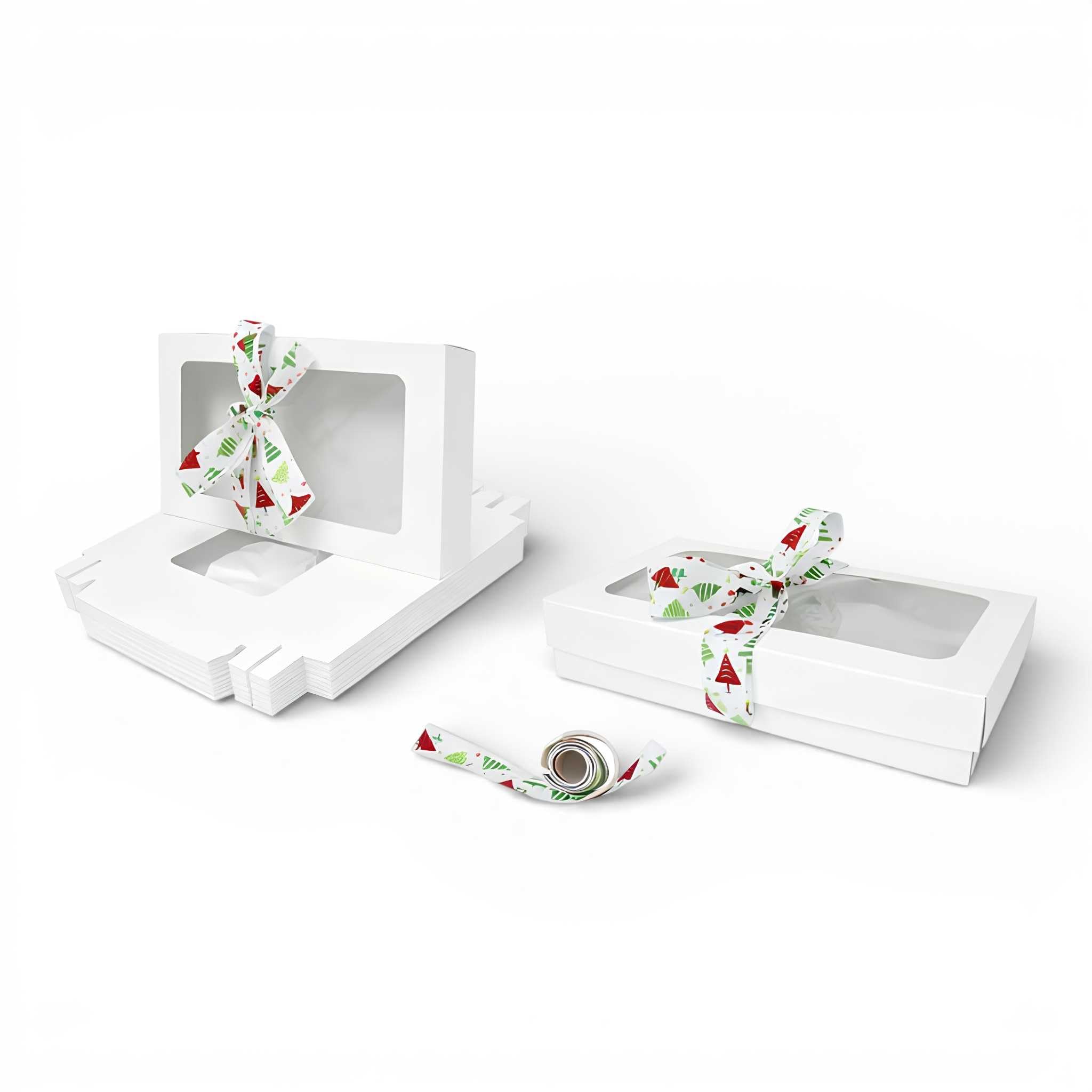 Emartbuy Pack of 96 White Gift Boxes with Clear Window Lid & White Tree Satin Ribbon - Large Wide 29.5 x 22 x 4.5 cm - Recyclable Kraft Presentation Box for Hampers, Treats, Weddings & Favours