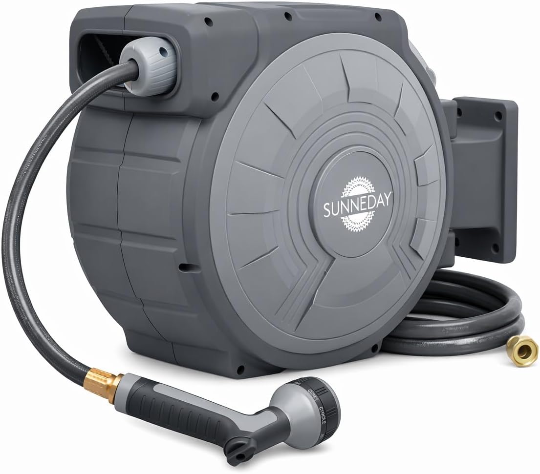 Sunneday TW-30B 100ft Retractable Hose Reel 5/8 | Automatic Retractable w/Wall Mount | Easy to Assemble Reel w/Flexible Swivel Mount (100 5/8) (100FT 1/2)