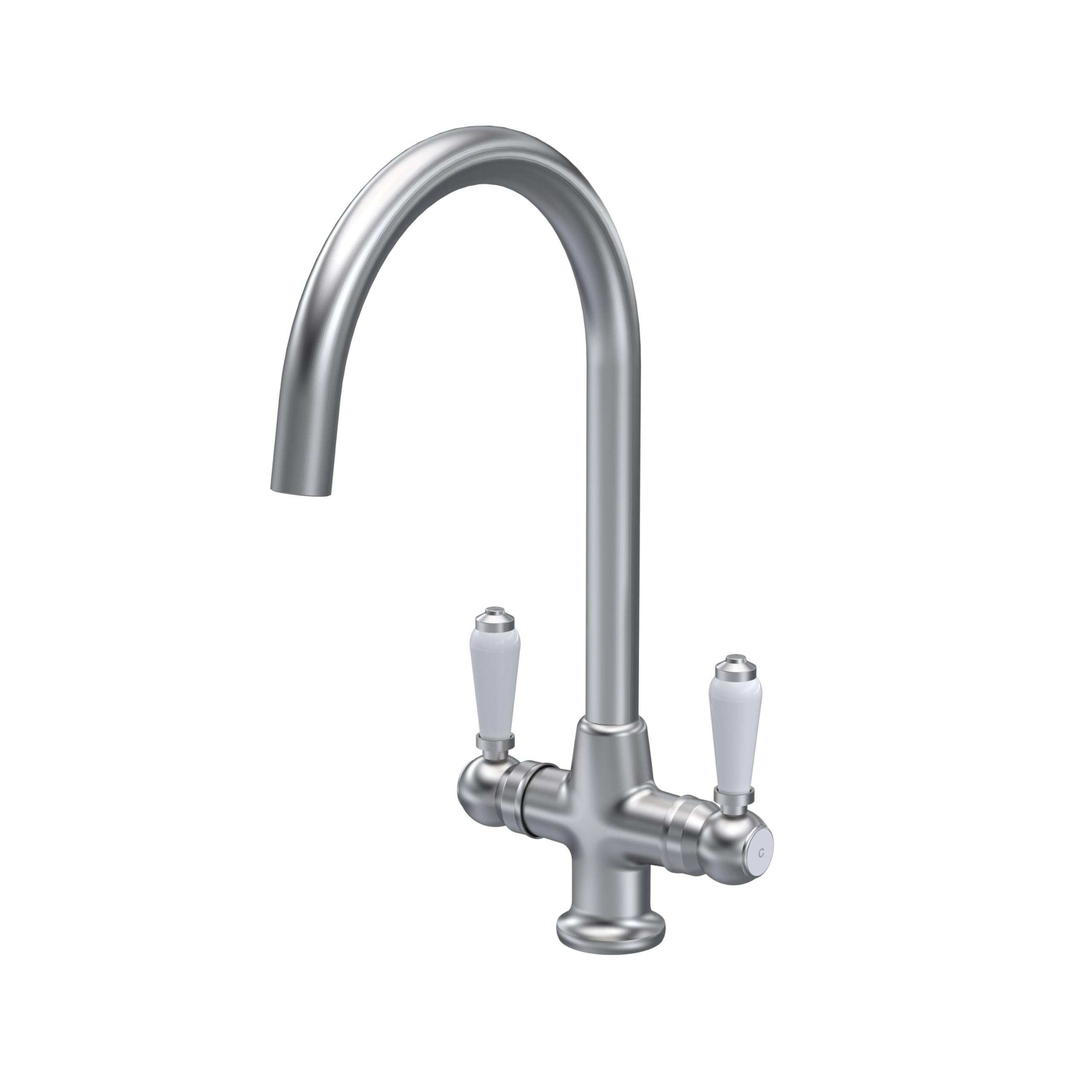 Balterley Nickel Kitchen Tap With Dual Lever Handles, Mono Kitchen Mixer Tap, Brushed Mono Mixer Taps For Sink, Round Base With Curved Spout Taps For Sink - 160 X 220 X 375Mm (Brushed )