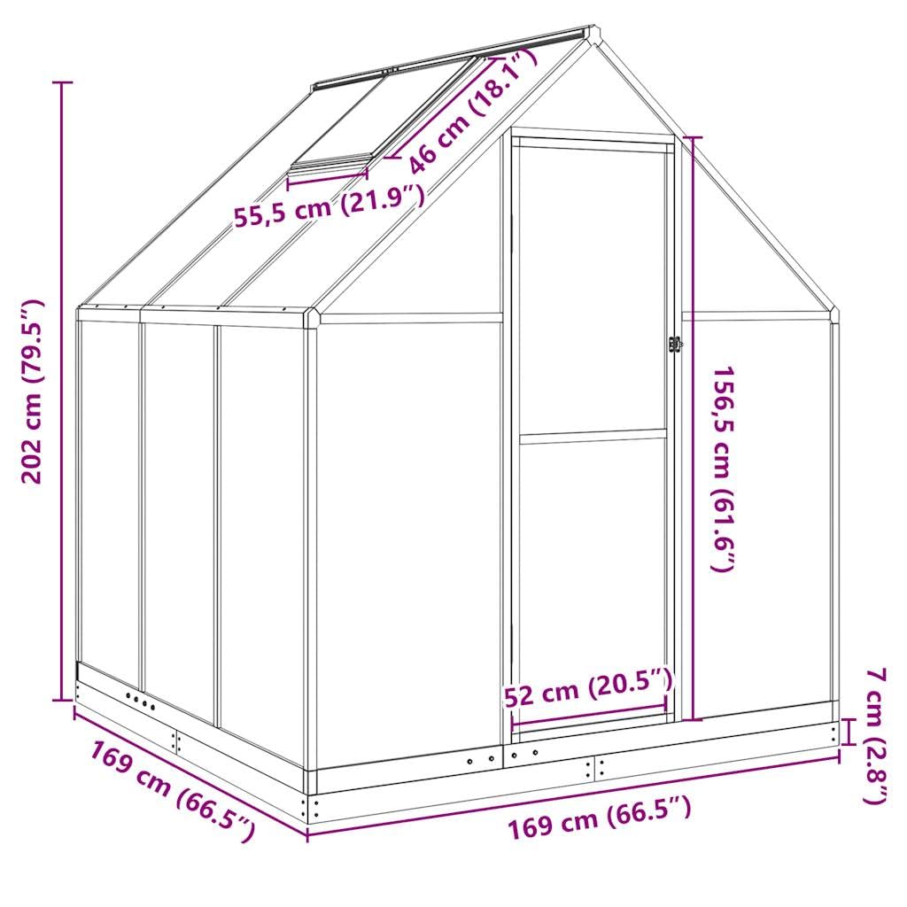 Szklarnia z ramą fundamentową, antracytowa, aluminiowa, 169 x 169 x 202 cm, odporna na promieniowanie UV, z oknem wentylacyjnym i drzwiami skrzydłowymi, do ogrodu, na balkon, taras, odporna na