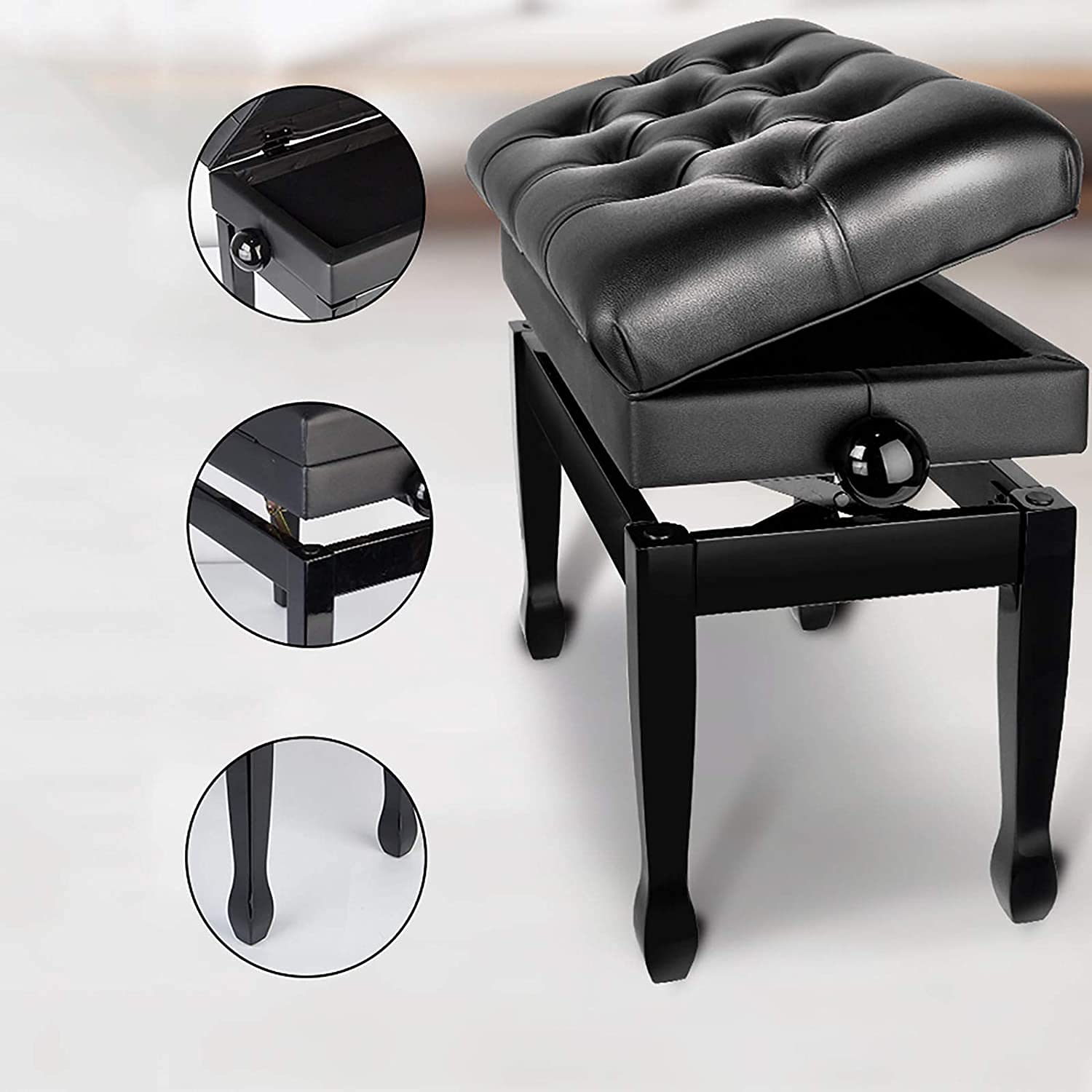 Ława do pianina z regulacją wysokości, wyściełana pojedyncza ława do pianina, konstrukcja ze schowkiem na nuty, praktyczna i funkcjonalna (null black) (czarny)