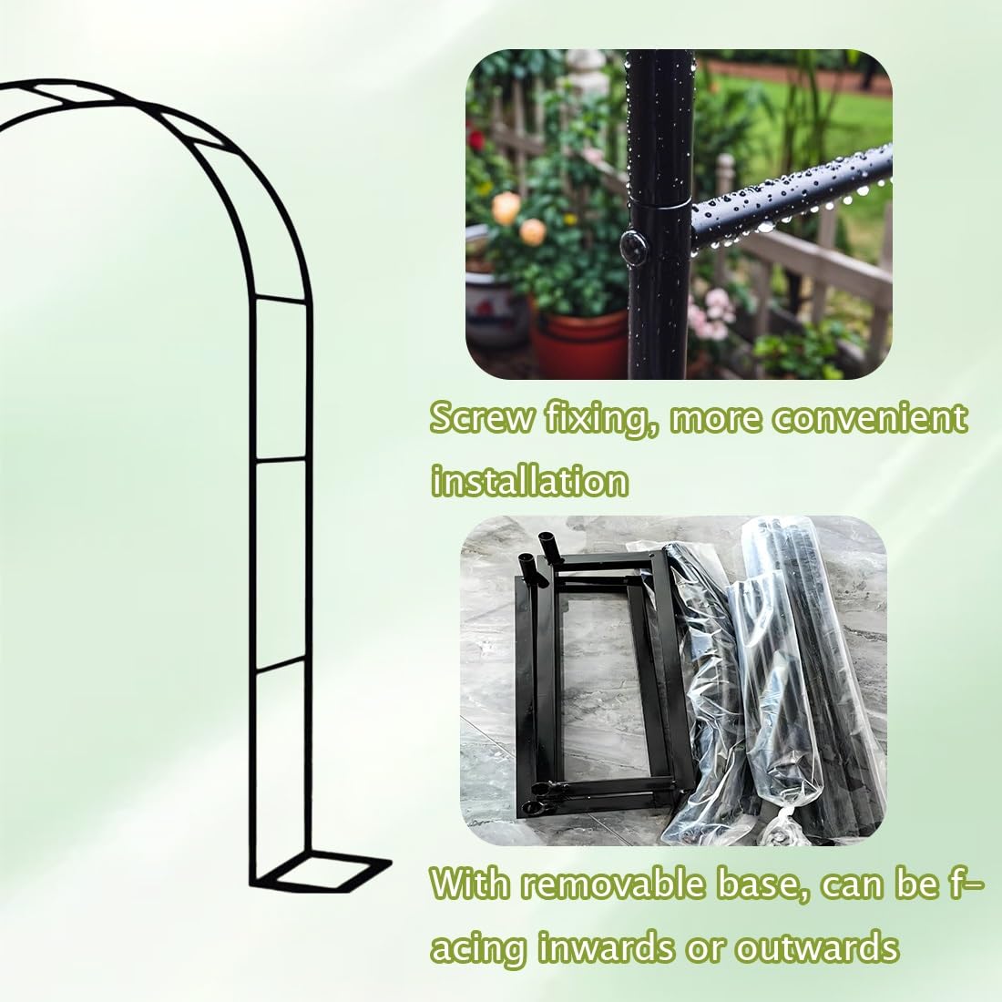 Czarny nierdzewny łuk różany łuk ogrodowy H 200 cm 220 cm 230 cm metalowa kratka różana z podstawą podpórka dla roślin pnących trwała kratka ogrodowa na winorośl i kwiaty