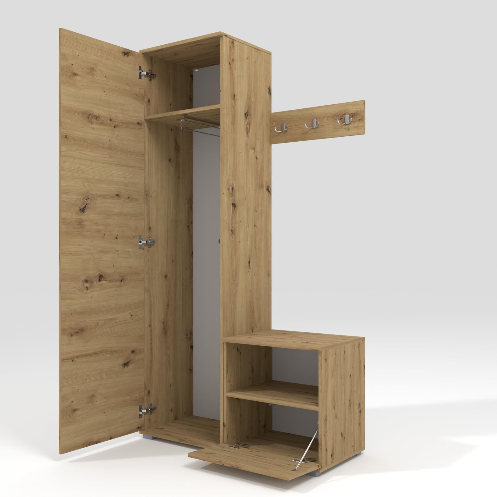 RAVIO Flurgarderobe 100 cm mit Kleiderschrank & Schuhschrank, Garderobenset Flur mit Sitzbank, Garderobenpaneel, Wandpolster & Push to Open Türen - Artisan Eiche/Wandpaneele Beige