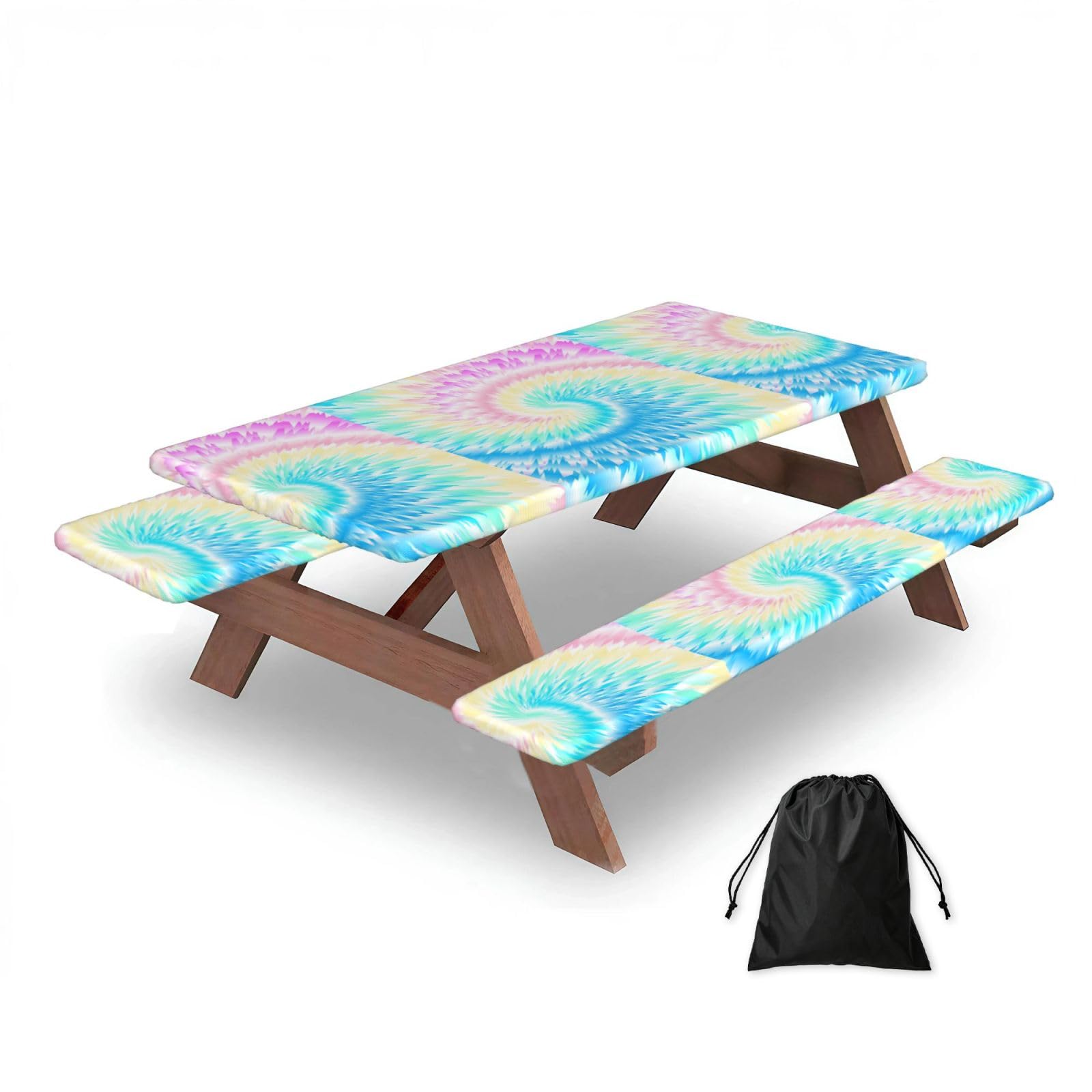 Dopklna As Picture Tie Dye, Picnic Table Cover With Bench Covers -Waterproof Elastic Fitted Tablecloth For Garden Camping Patio 76X152cm