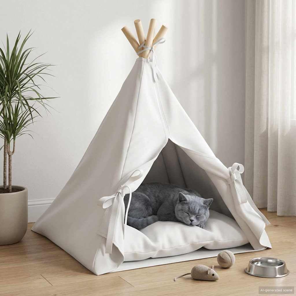 Tipi pour animaux de compagnie avec coussin Blanc 50 x 50 x 60 cm Tente tipi en polyester pour chats et chiens Tente amovible et lavable
