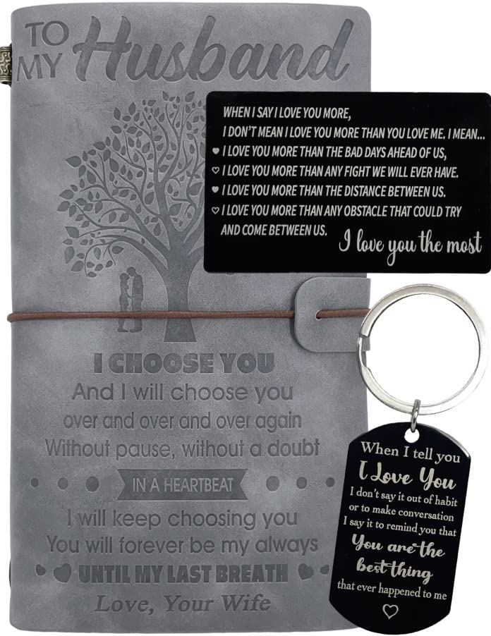 To My Husband Gifts, Husband Leather Journal Writing Notebook 140 Pages Refillable, Husband Card, Husband Keychain, I Love My Husband, Gift for Husband Birthday Wedding Anniversary Christmas Gifts