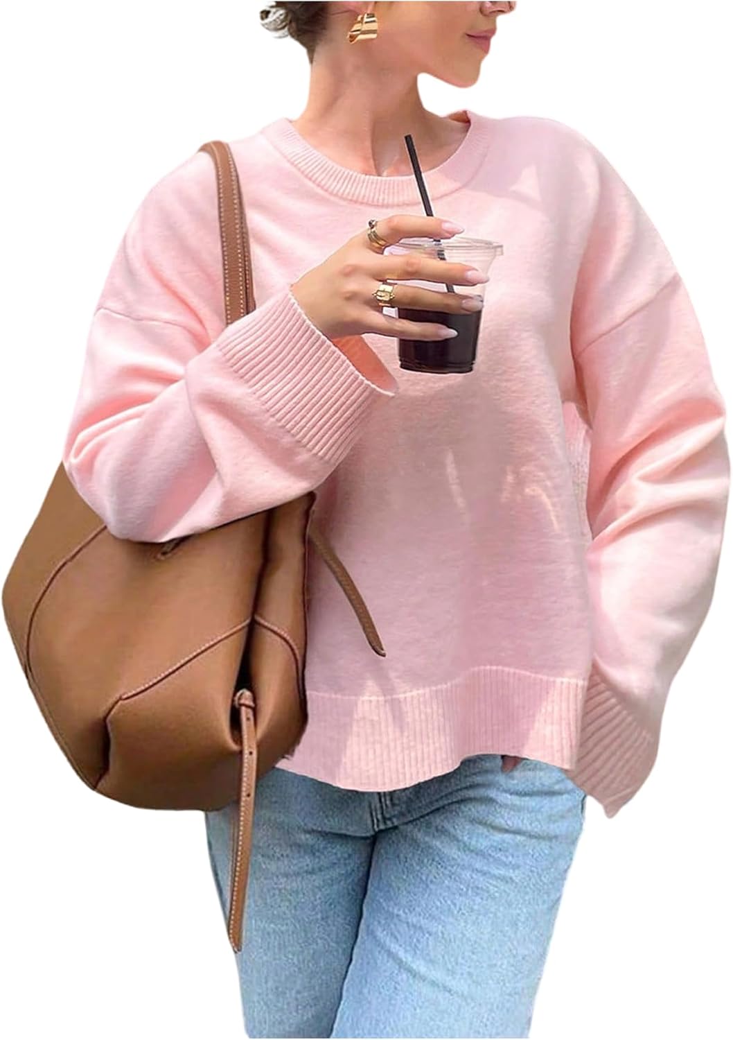 GORGLITTER Women's Oversized Knit Sweater Long Sleeve Loose Crewneck Fall Pullover Jumper Tops