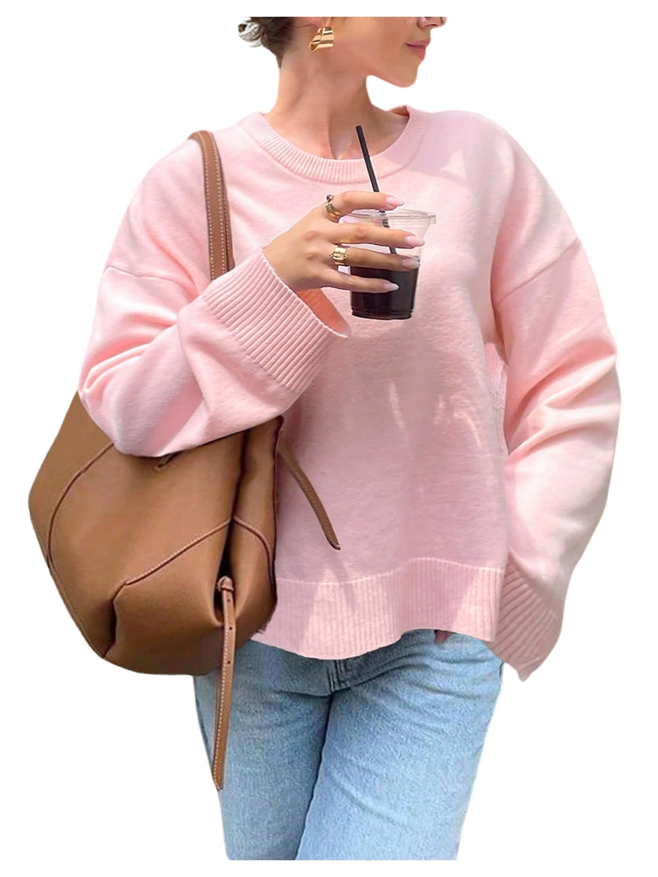 Womens Crewneck Sweater Soft Ribbed Knit Pullover Fall Sweaters Y2K Aesthetic Winter Top for Teen Girls