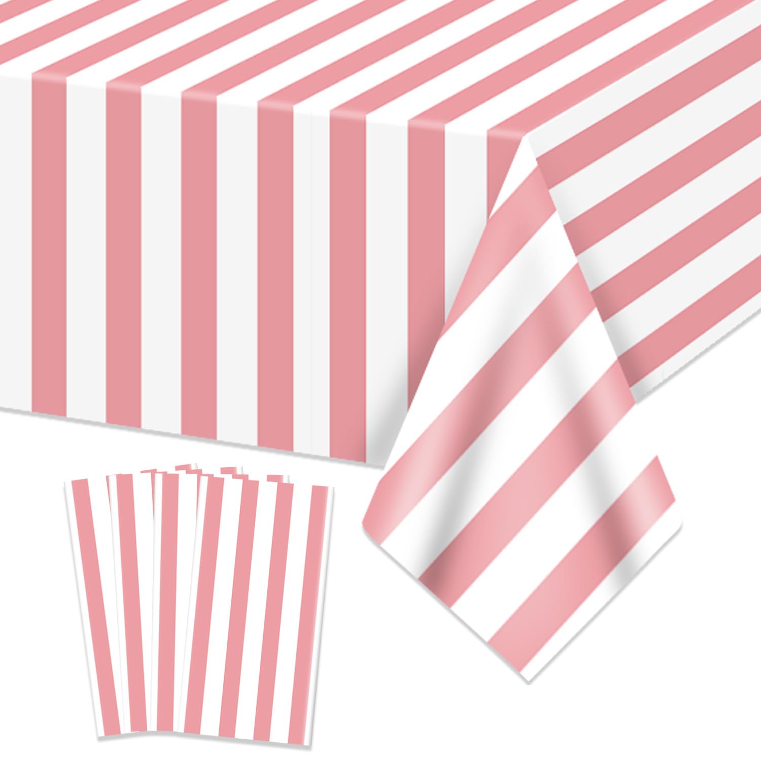 PIXHOTUL 4 Pcs Pink and White Stripes Tablecloths, Pink Stripe Table Cover, Plastic Table Decoration for Holiday, Birthday, Baby Shower, Wedding, 130 x 220cm
