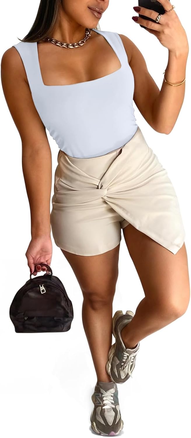 Cyanstyle Summer Tank Top Bodysuit for Women Sexy Square Neck Going Out Double Lined Sleeveless Body Suit White Small - Image 4