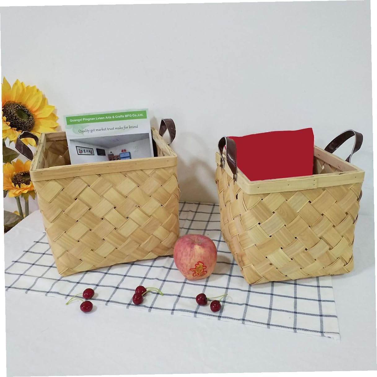 BESPORTBLE Woven Double-layer Wood Chip Basket with Leather Handles Large Storage Basket Laundry Hamper Home Decorative Organizer for Blankets and Clothes