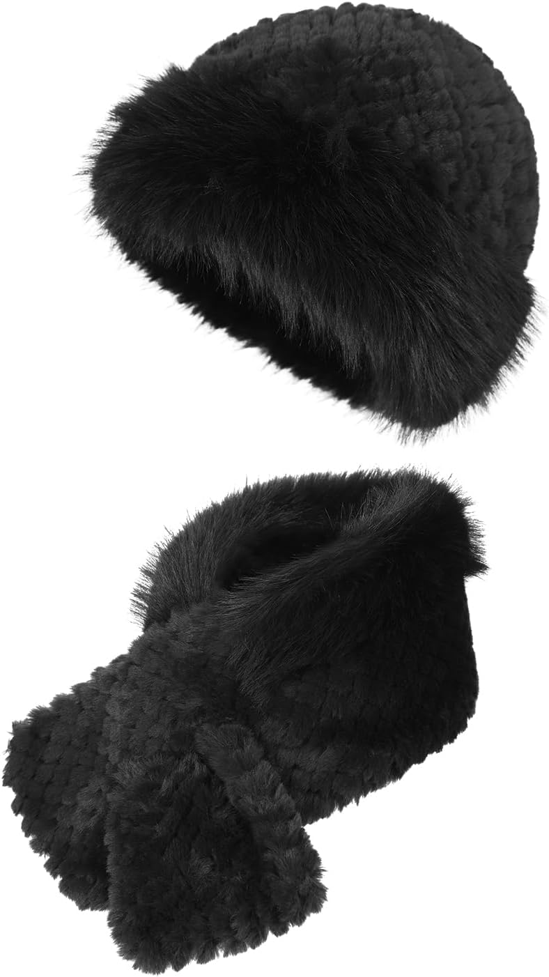 Women Winter Faux Rabbit Fur Trimmed Cloche Hat with Scarf Set Furry Warm Beanie Collar Scarf Set for Ladies - Image 5