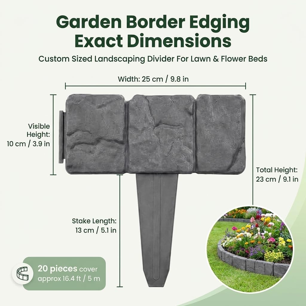 20 Pack Imitation Stone Garden Fence, Landscape Edging, Weatherproof Plastic Border for Flower Beds, Lawn & Walkway