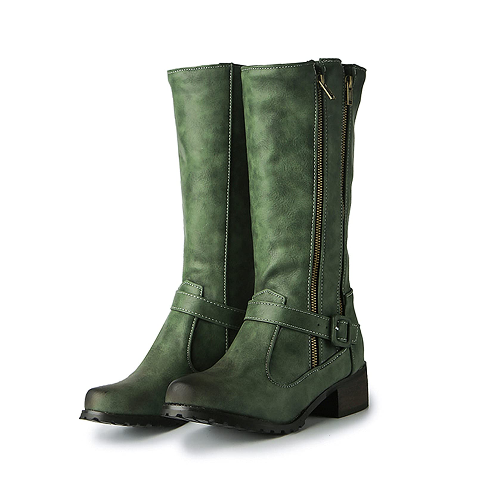 Generisch Botas de equitación para mujer, de moda media, doble grueso, informal, con cremallera, botas de tacón para mujer, con hebilla