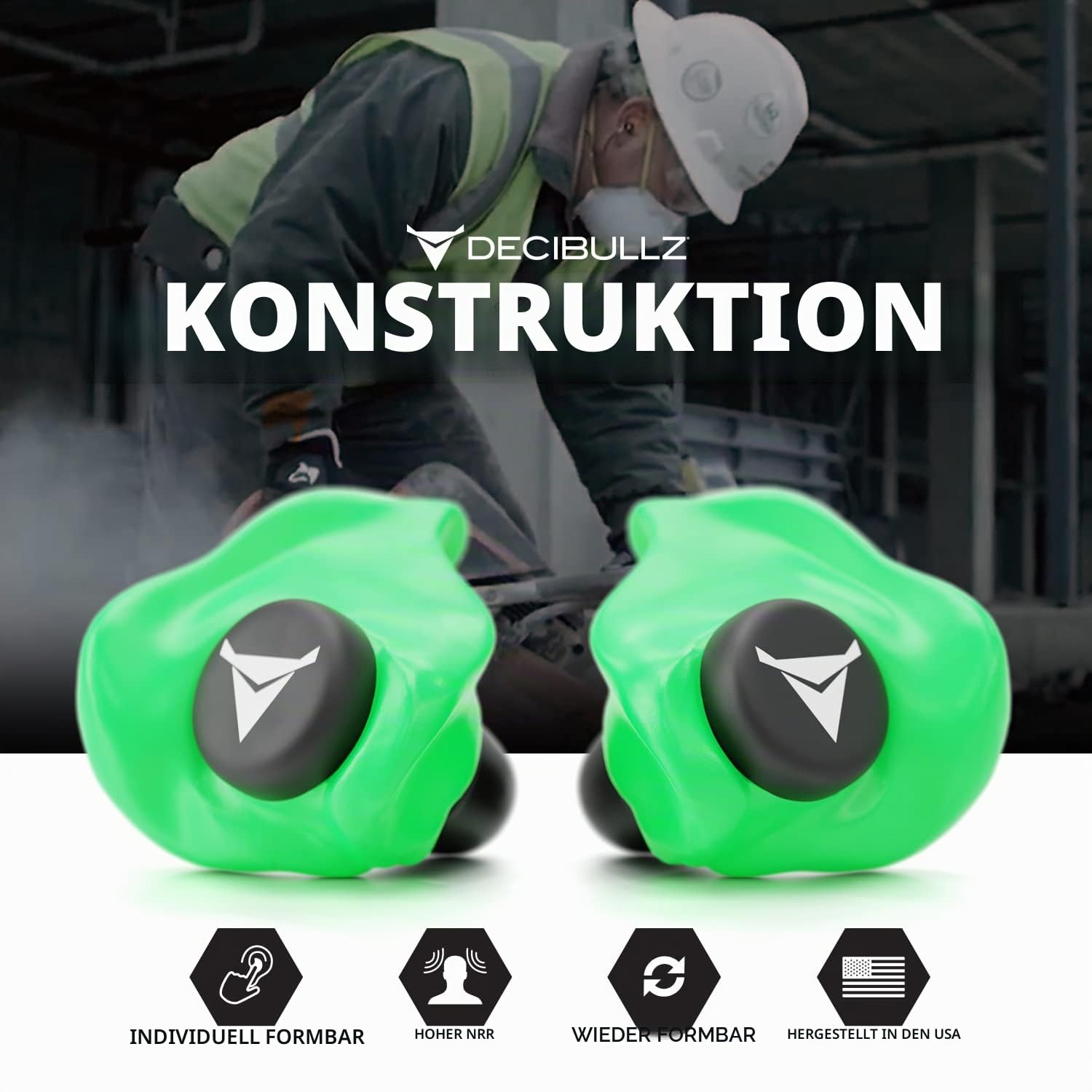 Decibullz - Maßgeschneiderte Ohrstöpsel, höchster 31 dB, komfortabler Gehörschutz für Schießen, Reisen, Arbeit und Konzerte (grün)
