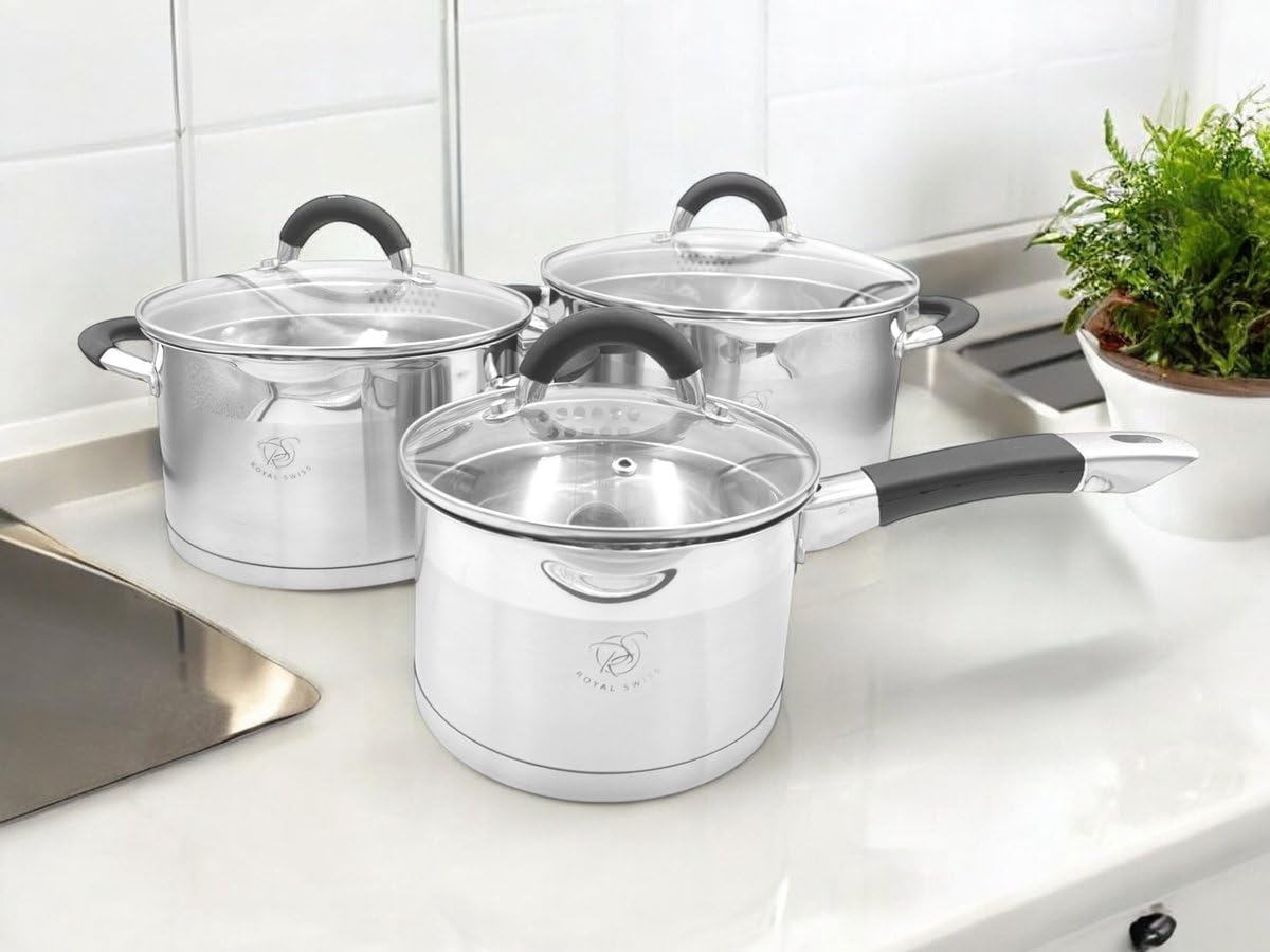 Royal Swiss® 6-teiliges Kochgeschirr-Set, Edelstahl, 5-lagig, mit Glasdeckel, geeignet für alle Herdarten, einschließlich Induktion (Silber) (6)