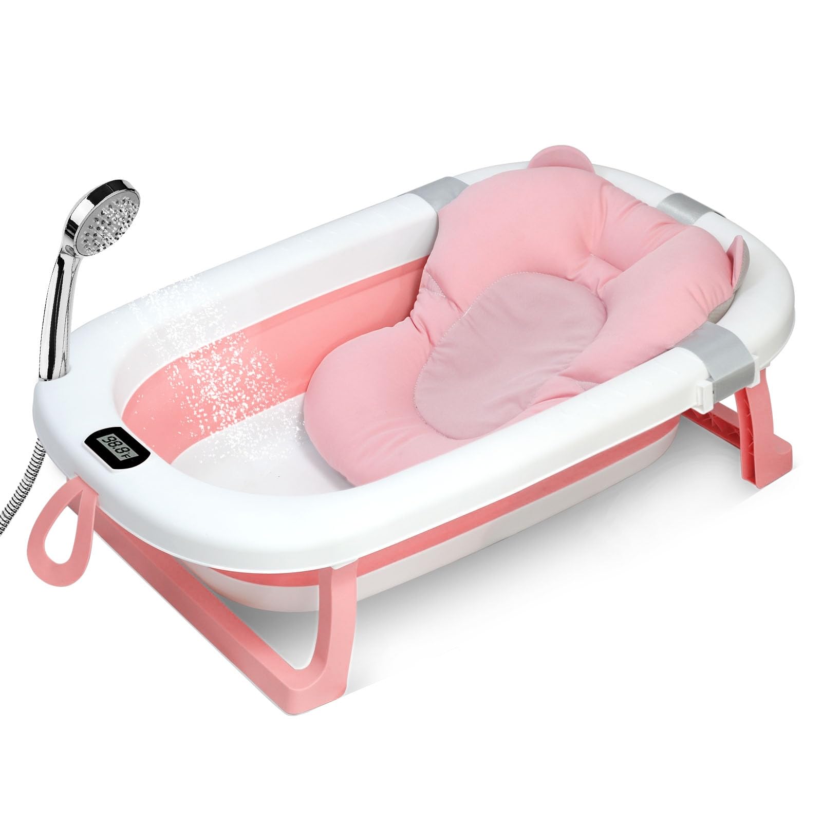 SKY-TOUCH Baby Foldable Bath Tub with Bathmat Cushion & Thermometer, Portable Baby Bathtub with Drain Hole, Shower Basin with Non-Slip Support Leg for 0-6 Years Boy Girl (Pink)