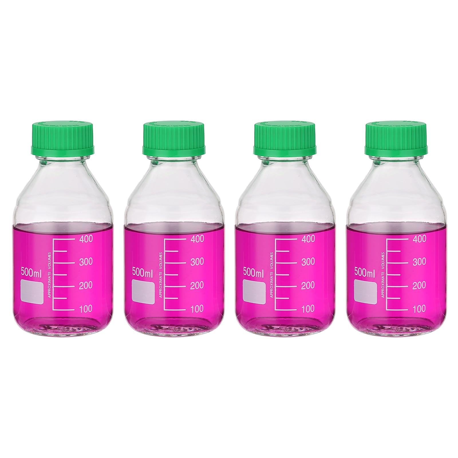 PATIKIL 4 Flacons De Stockage De Réactifs, 500ml Bouteilles Graduées En Verre Borosilicaté Avec Bouchon Vis GL32 Vert Pour Liquides Réactifs De Laboratoire, Transparent