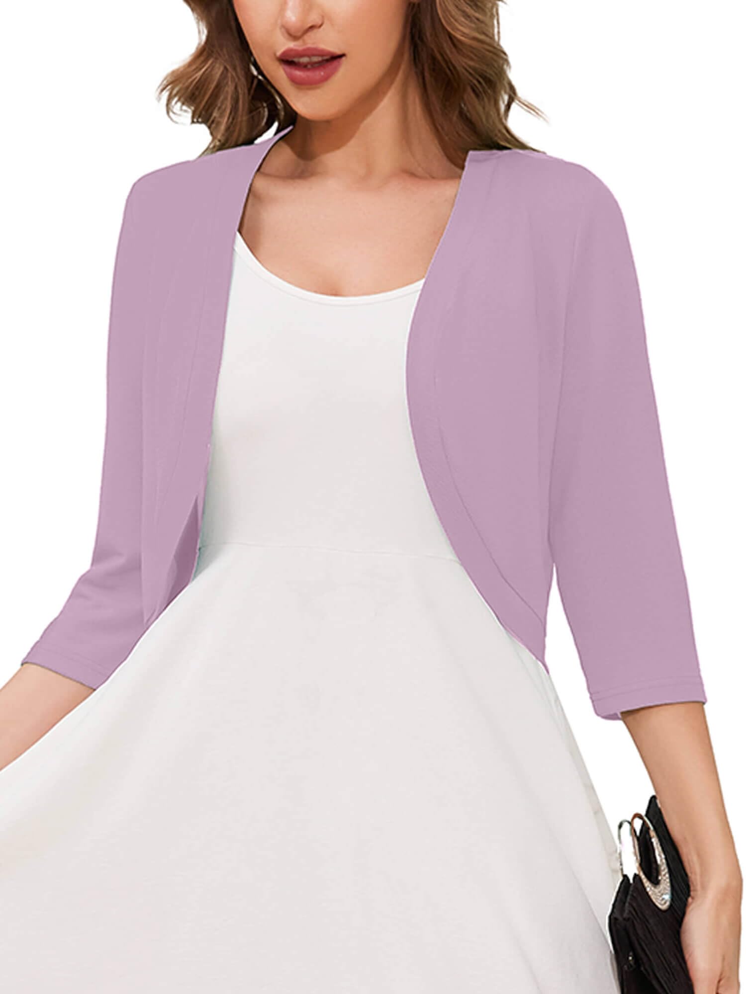 3/4 Sleeve Open Front Lightweight Cropped Bolero Shrug Cardigan | Soft breathable knit, 3/4 sleeve cropped cut, open front layering, versatile cover up for dresses, women's casual fit