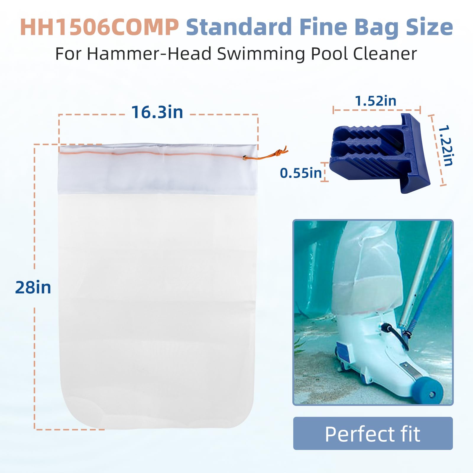 HH1506COMP Standard-Feinbeutel für Hammerkopf-Poolreiniger, 2 Stück | 100 Mikron Schmutzbeutel, ultrafeiner Vulkanbeutel, komplett mit Klampe