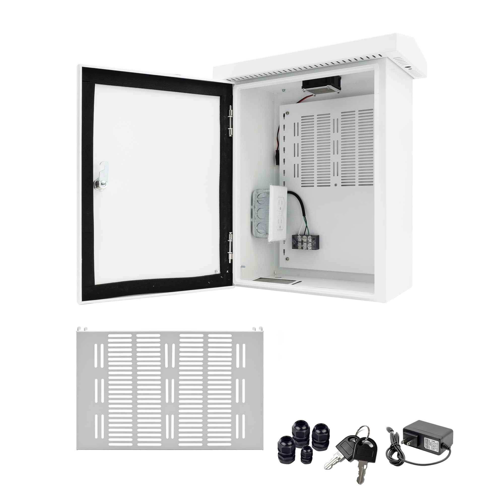Scatola elettrica per esterni NEMA (19,6 "x 15,7" x 7,9") - Custodia impermeabile IP65 per uso interno/esterno, include ventola CC e adattatore 12V, piastra di montaggio rimovibile fai da te - Ideale