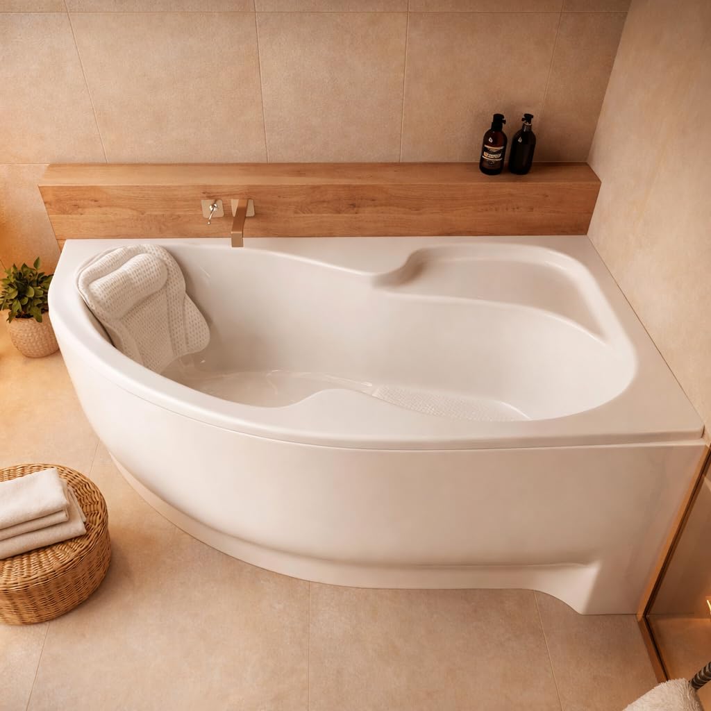 Wanna narożna ECOLAM® WELA 170x100 cm PRAWA z obudową | Wanna akrylowa, Wanna sanitarna akrylowa | Obudowa akrylowa + zagłówek Mare + automatyczny spust i armatura przelewowa | Antypoślizgowe, łatwe w