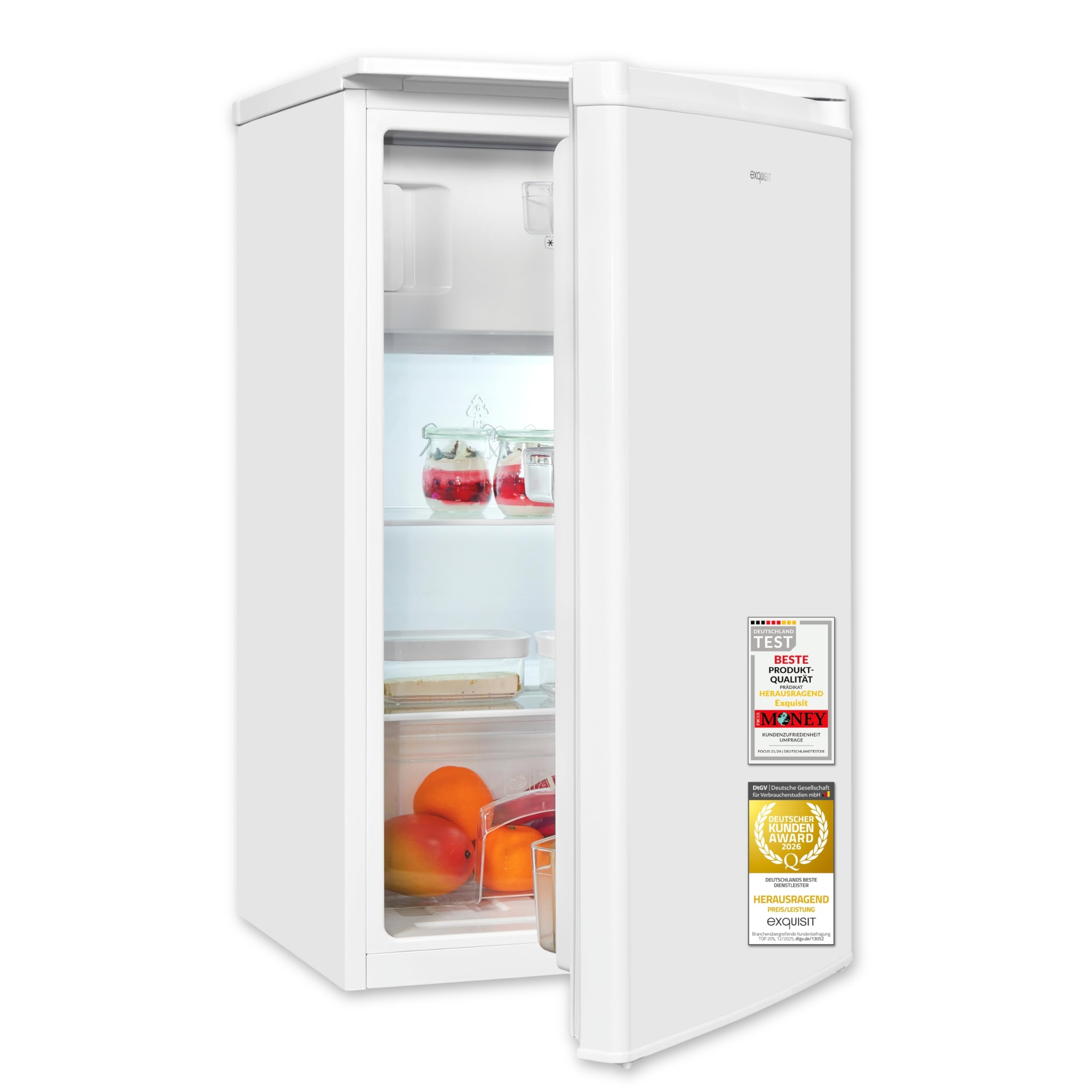 Exquisit Kühlschrank mit Gefrierfach | 81 l Nutzinhalt, Energieklasse E, 40 dB(A) | kompakte Bauform, 3-Sterne-Gefrierfach, manuelle Temperaturregelung, wechselbarer Türanschlag | KS5117-3-040E weiss