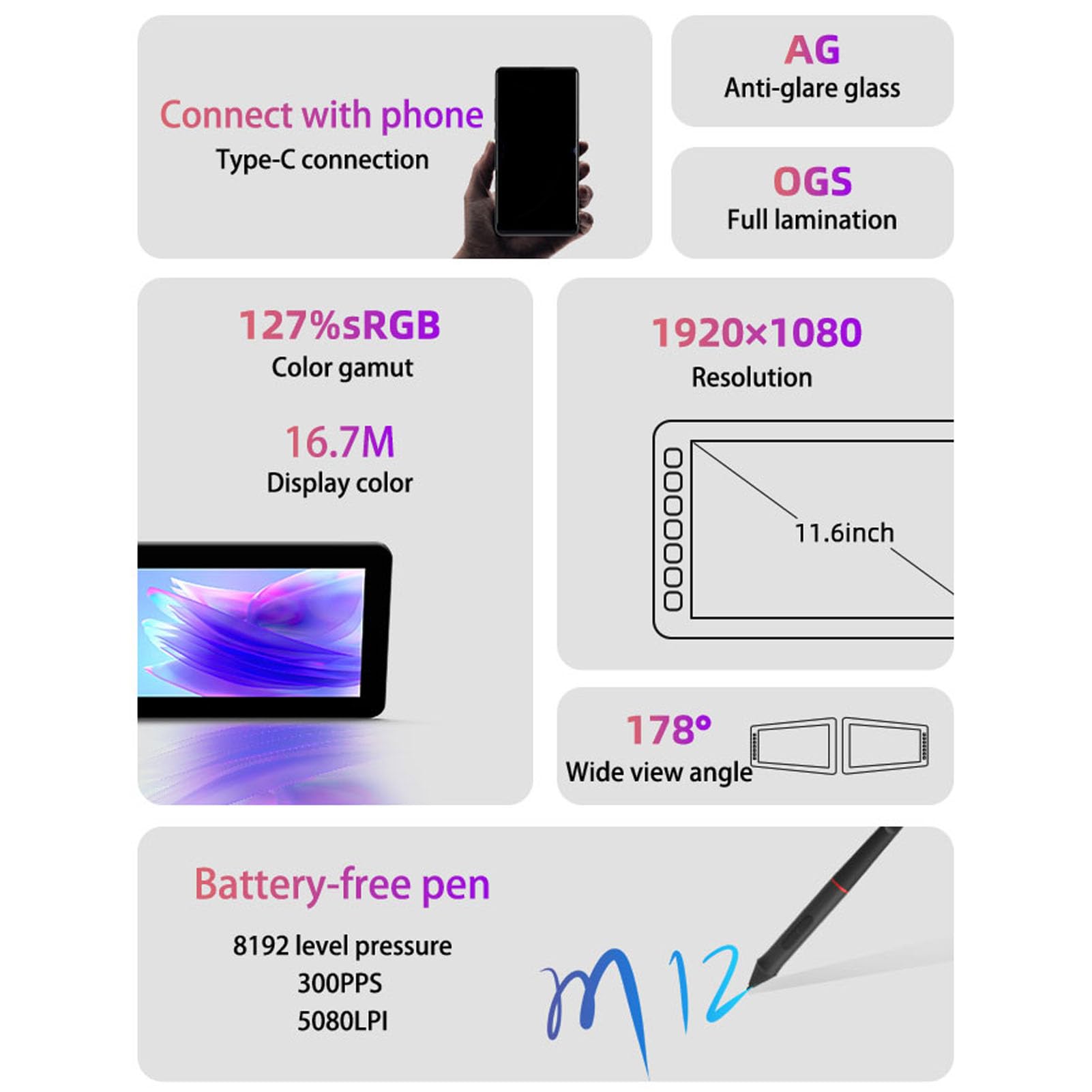 Tablet di Disegno Digitale, Tablet Grafico dello Schermo da 11,6 Pollici, Sensibilità di Pressione e Funzione di Inclinazione di 8192 Livelli, 6 Tasti Caldi, per PC, con la