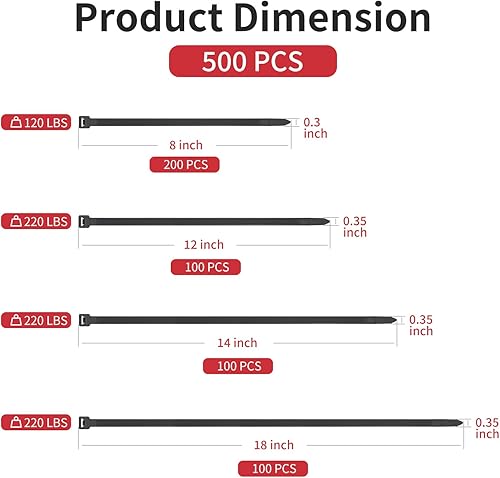 Miniatura 2 de Paquete de 500 bridas negras resistentes de varios tamaños, bridas para cables de 8+12+14+18 pulgadas, resistencia a la tracción ultra fuerte de 220