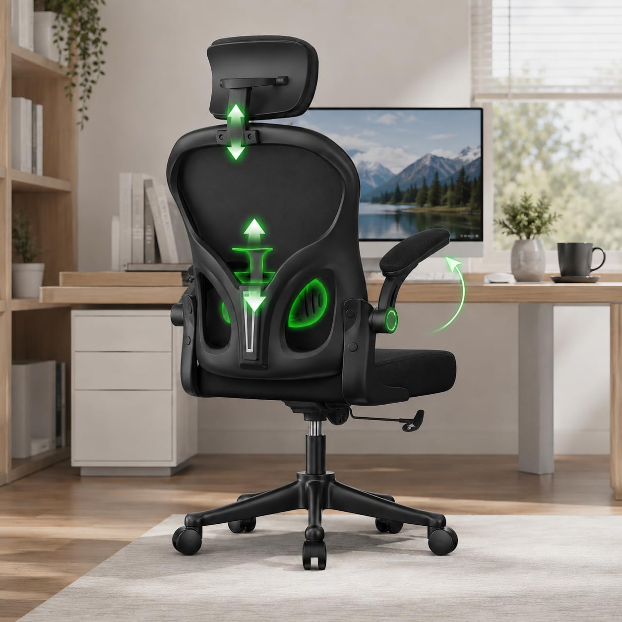 naspaluro Ergonomic Mesh Office Chair, Executive Desk Chair, Padded Flip‑up Armrests, Adjustable Headrest Lumbar Support, 150KG Heavy Duty Computer Chair for Home Office Bedroom Conference Room-Black