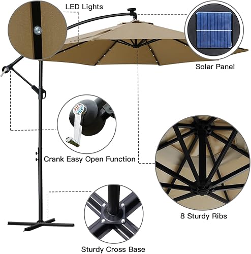 Miniatura 2 de Sunnyglade Paraguas de patio colgante en voladizo ajustable con LED solar de 10 pies con base cruzada para patio trasero, jardín, césped y jardín