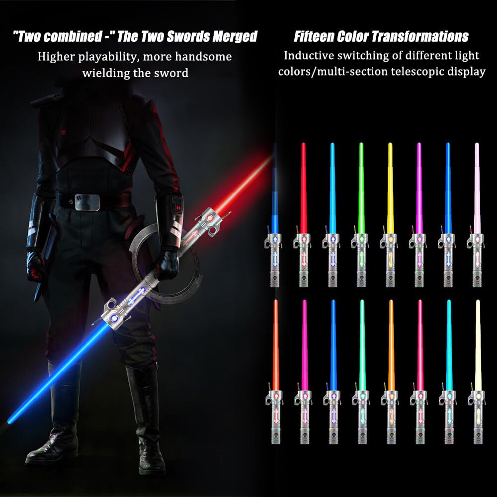 Spada Laser Giocattolo per Bambini, Lightsaber, RGB 15 Colori Spada Laser Star Wars con Effetti Sonori Simulati Spada Luminosa, Spada Laser Retrattile 2 in 1 per Bambini (Impugnatura Argento)