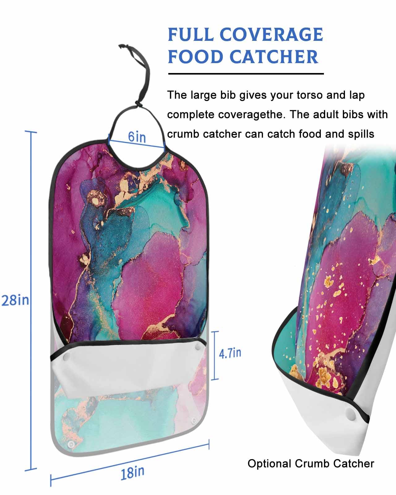 LEOKOTI Pink Teal Marble Adult Bibs for Eating, Waterproof Bibs with Food Catcher & Adjustable Snap Closure, Modern Ink Panting Abstract Art Washable Clothing Protectors Adult Bibs for Elderly