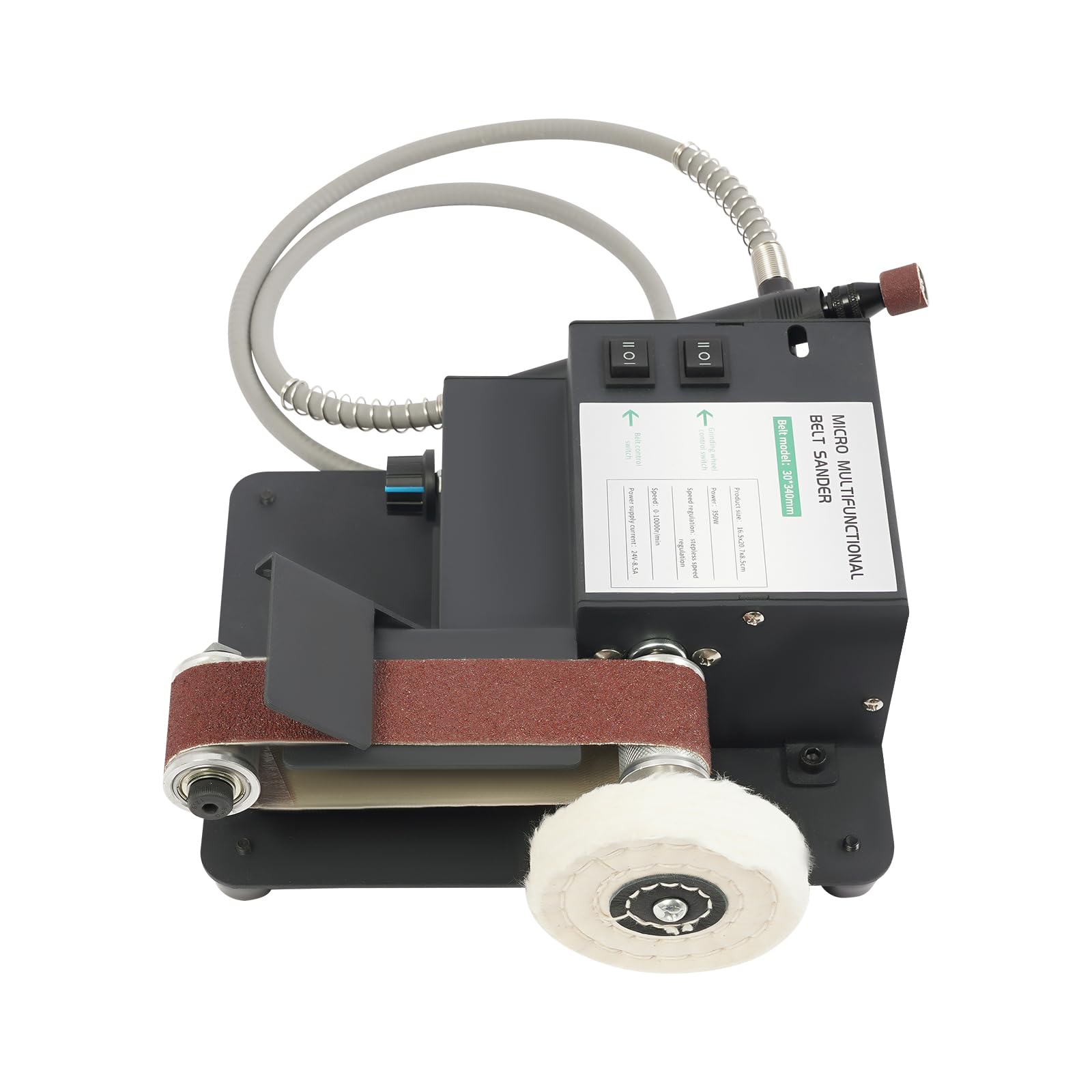 Lijadora de banda de 350 W, con 10 bandas de lijado y adaptador de red, velocidad 0-10.000 rpm, para bandas de lijado de 30 x 340 mm