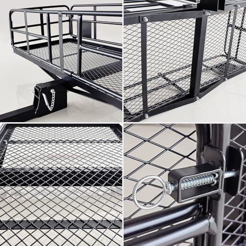 MeeFar High Rail Trailer Folding Hitch Mount Cargo Carrier Basket 60" X 24" X 14"+Waterproof Cargo Bag 20 cu ft(59" 24" 24"), Capacity of 500 Lbs with Hitch Stabilizer, Net, Lock and Straps