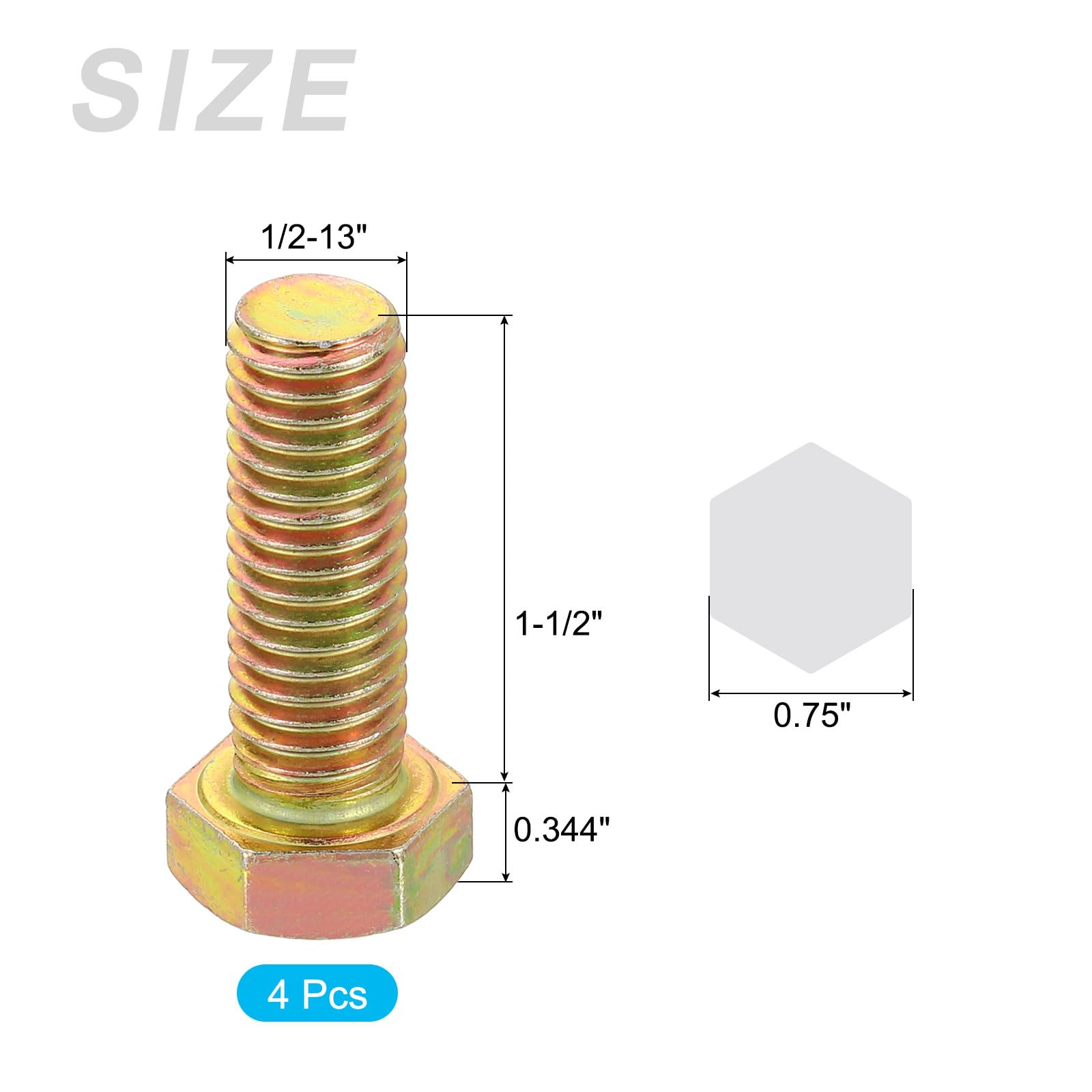 METALLIXITY Hex Bolts (1/2-13 x 1-1/2") 4Pcs, 8 Grade Carbon Steel Zinc Plated, UNC Coarse Thread, External Hex Drive - Image 2