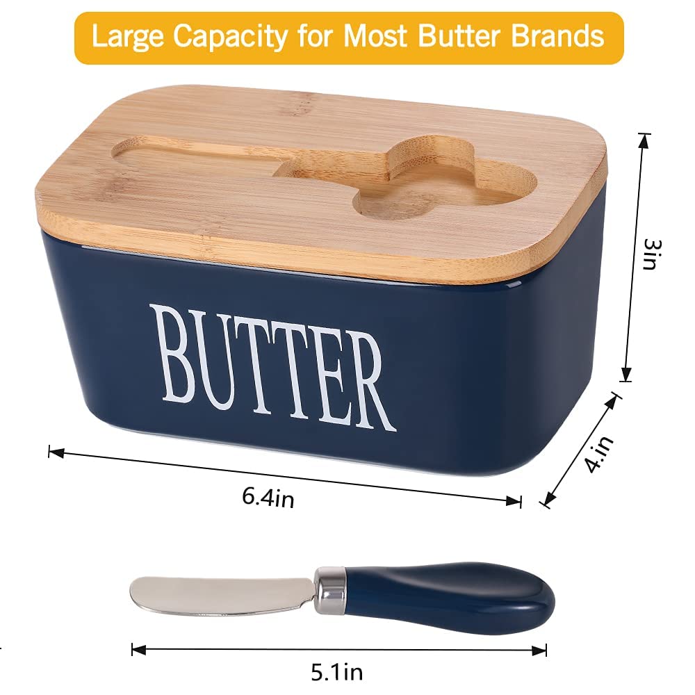 HEDRIX Ceramic Butter Dish Nordic Style Butter Box Butter Keeper Container Food Storage Candy Box Baking Dish with Wood Lid Knife for Kitchen, Standard 1