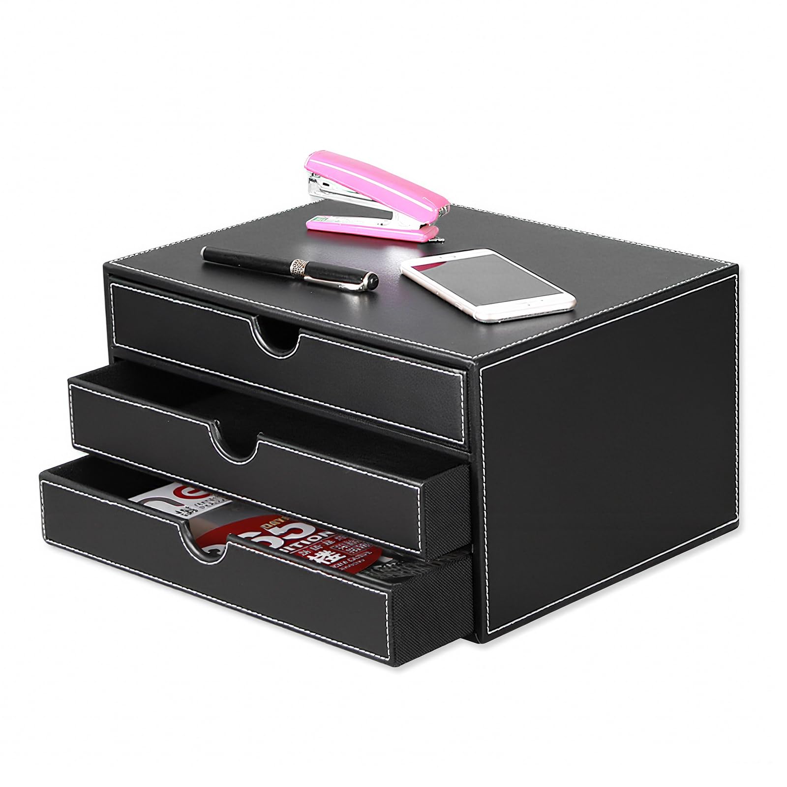 Caja de escritorio de piel con 3 cajones A4, organizador de oficina