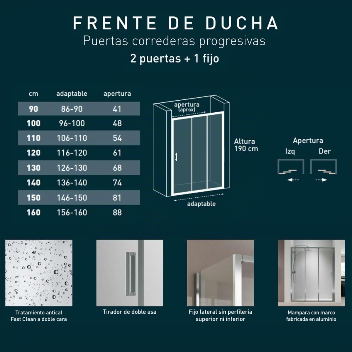 Mampara de Ducha FRONTAL Corredera 3 Hojas Monza– 1 Fijo y 2 Puertas Correderas Serigrafía – Altura 1,90 Metros y Cristal Templado 5mm Espesor 120 cm (Adaptable de 116 a 120cm)
