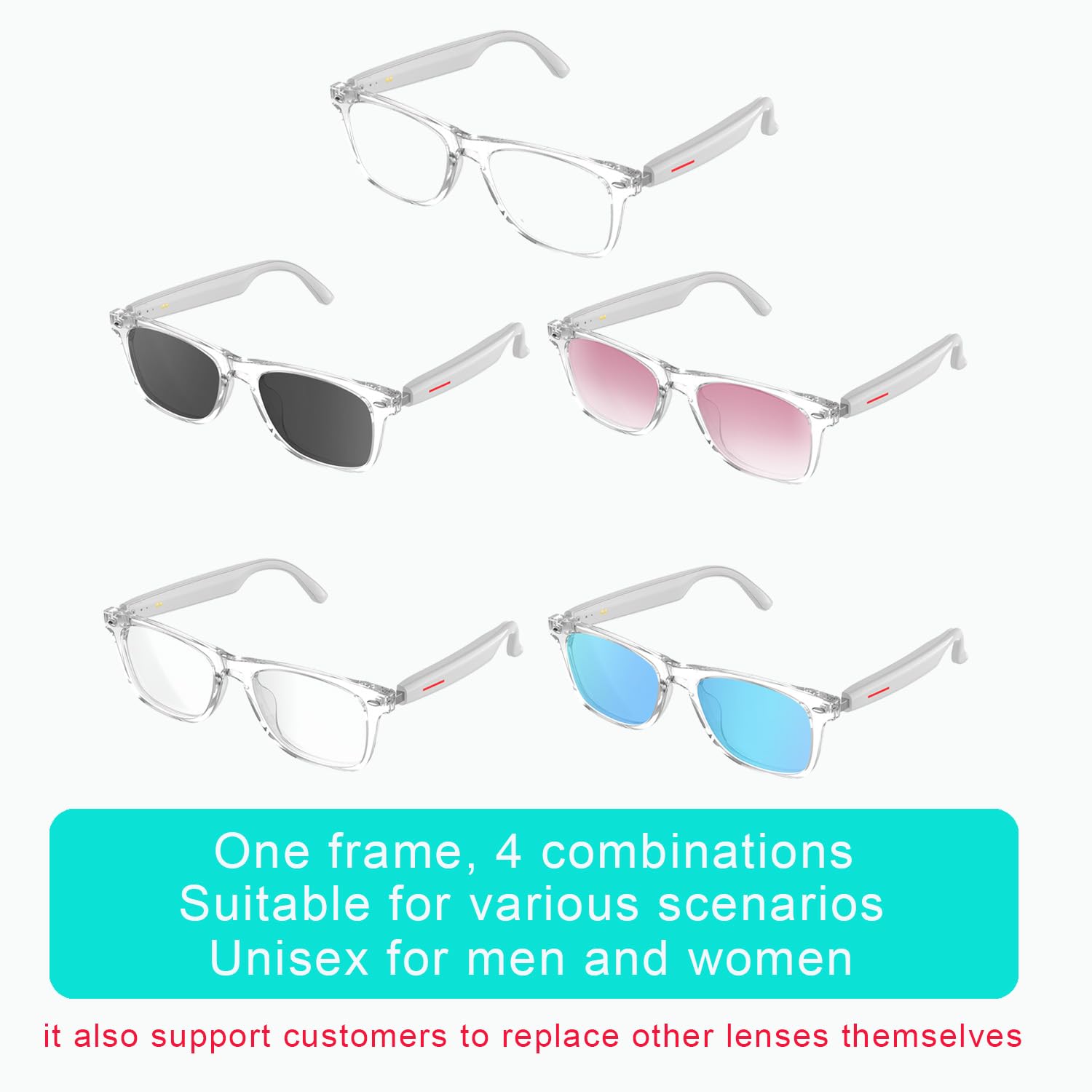 JZ TWS Smart Bluetooth Audio Glasses - kit de Verres de Lunettes (Blue Light Shield & Lunettes de Soleil & Rose & Bleu) for Office Outdoor Sports Drive - Smart Glasses for Men & Women - White Frame