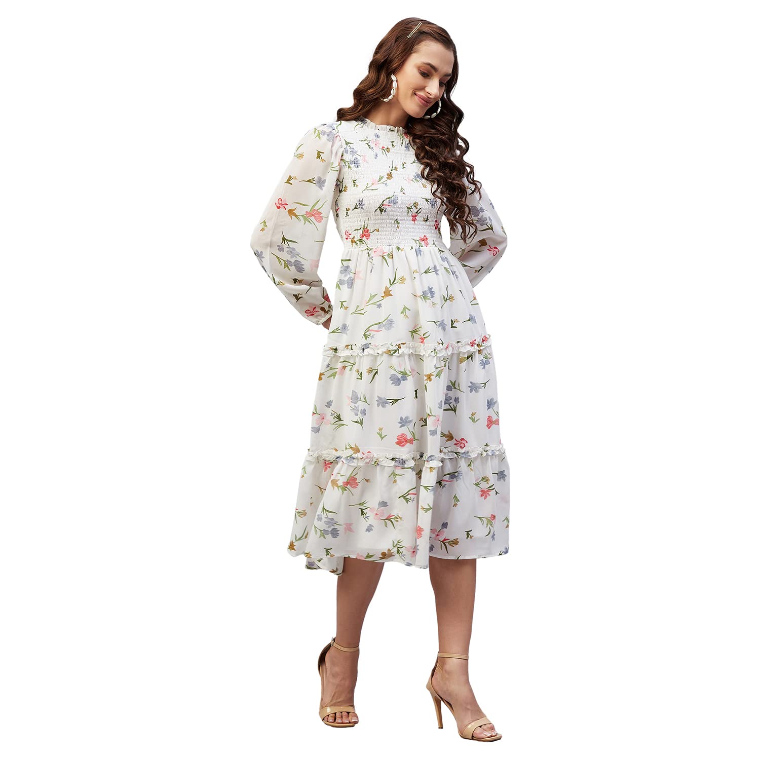 Rare Women Casual Off White Colour Fit And Flare Midi Floral Dress,Medium