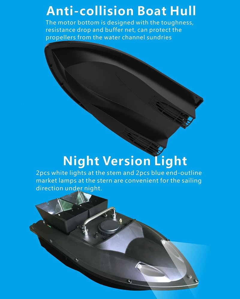 Barca con esca da pesca RC da 500 m, ecoscandaglio GPS da crociera con doppio magazzino, barca con esca da crociera automatica con luce a LED, dispositivo di caccia al pesce, motoscafo da pesca