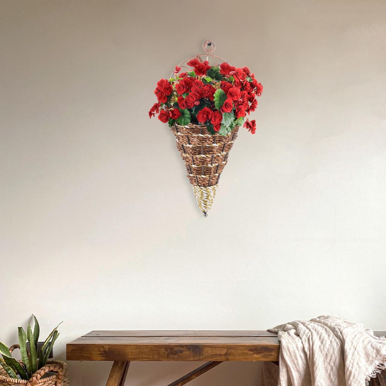 YARNOW Wall Hanging Flower Pot Rattan Planter Basket 12.40X5.51X2.75In Triangular Cone Shape Indoor Outdoor Garden Space-Saving Wall Mounted Planter