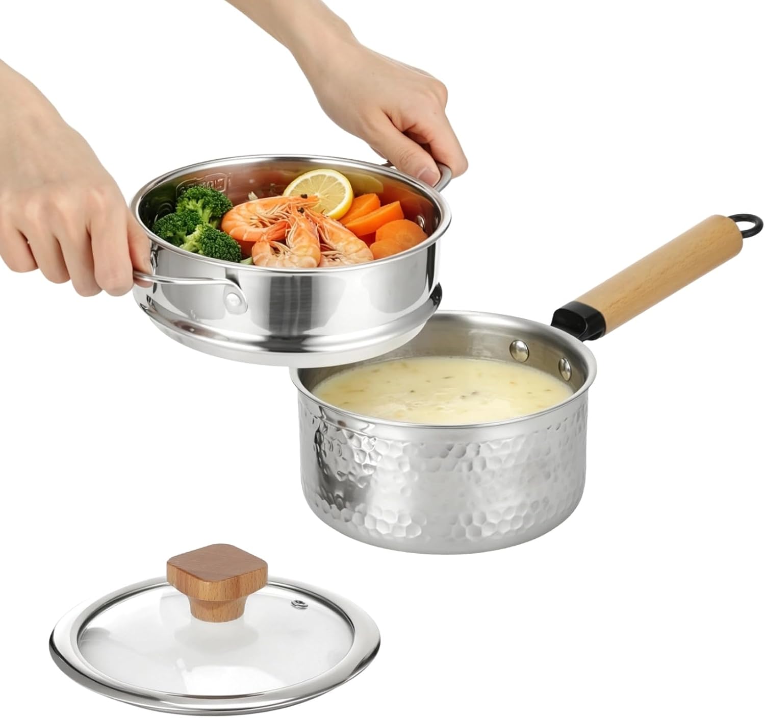 2 Qt Hammered Stainless Steel Saucepan with 6.3 in Steamer Basket, 316 Multi-layer Composite Steel Saucepan with Heat-Resistant Wood Handle & Glass Lid, Milk Pot for Cooking